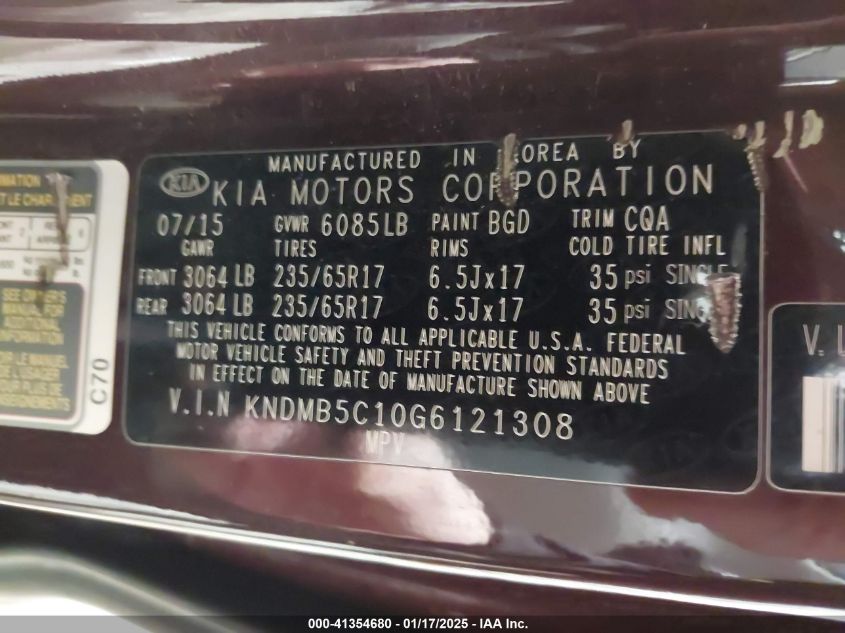 2016 Kia Sedona Lx VIN: KNDMB5C10G6121308 Lot: 41354680