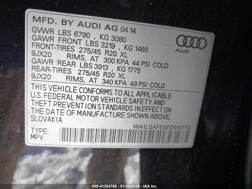 VIN WA1LGAFE0ED019773 2014 AUDI Q7 no.9