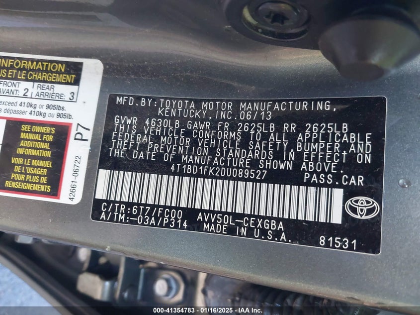 2013 TOYOTA CAMRY VIN: 4T1BD1FK2DU089527