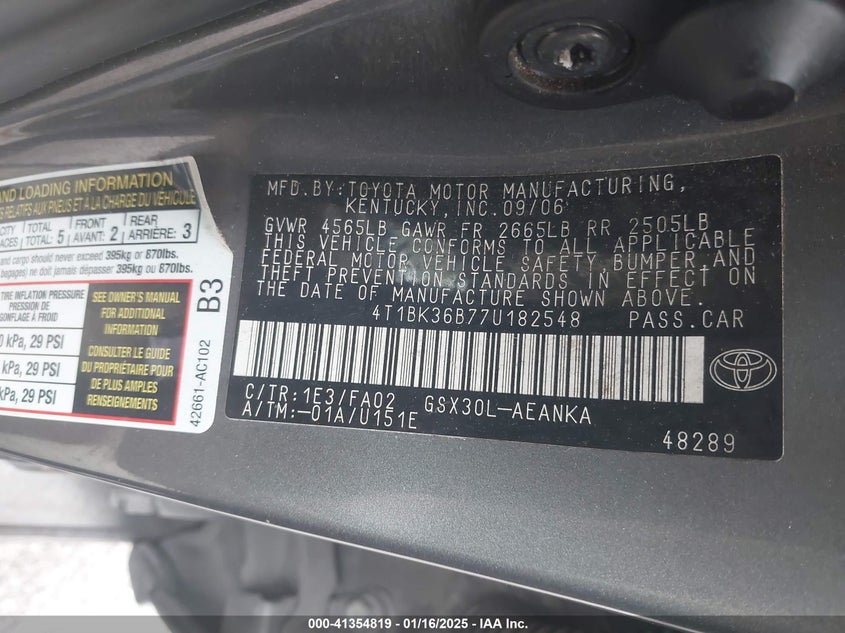 2007 TOYOTA AVALON VIN: 4T1BK36B77U182548