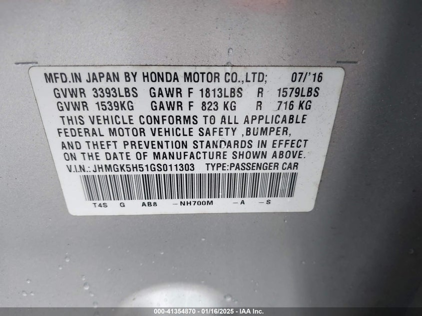 2016 HONDA FIT VIN: JHMGK5H51GS011303