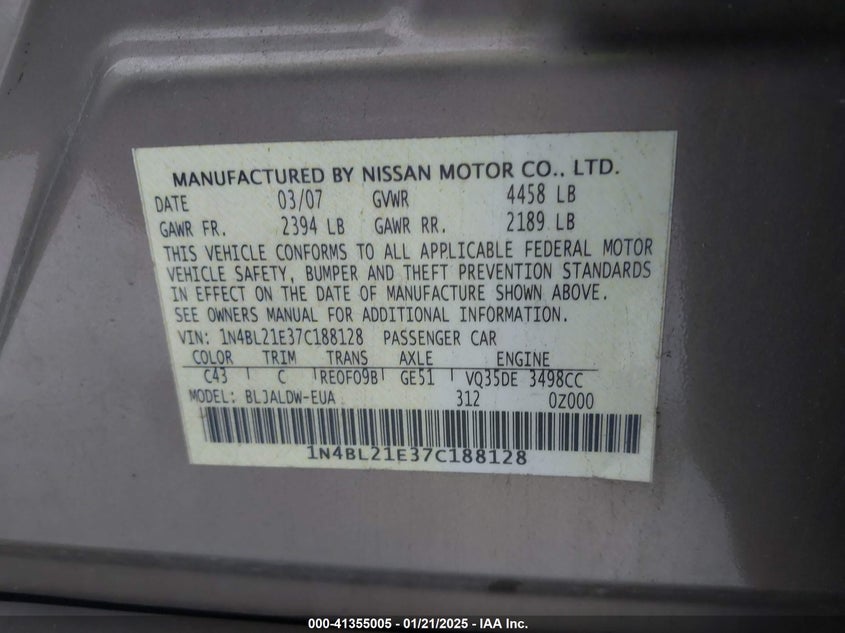 2007 NISSAN ALTIMA VIN: 1N4BL21E37C188128