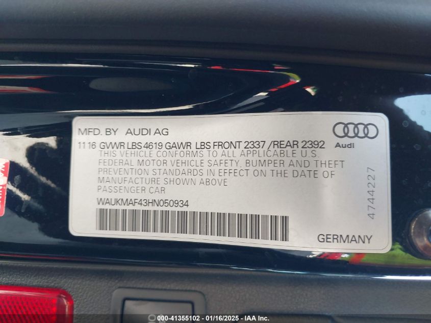 VIN WAUKMAF43HN050934 2017 Audi A4, 2.0T Season Of... no.9