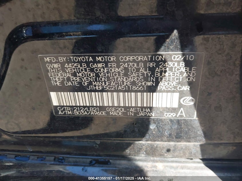 2010 LEXUS IS 250 VIN: JTHBF5C21A5118661