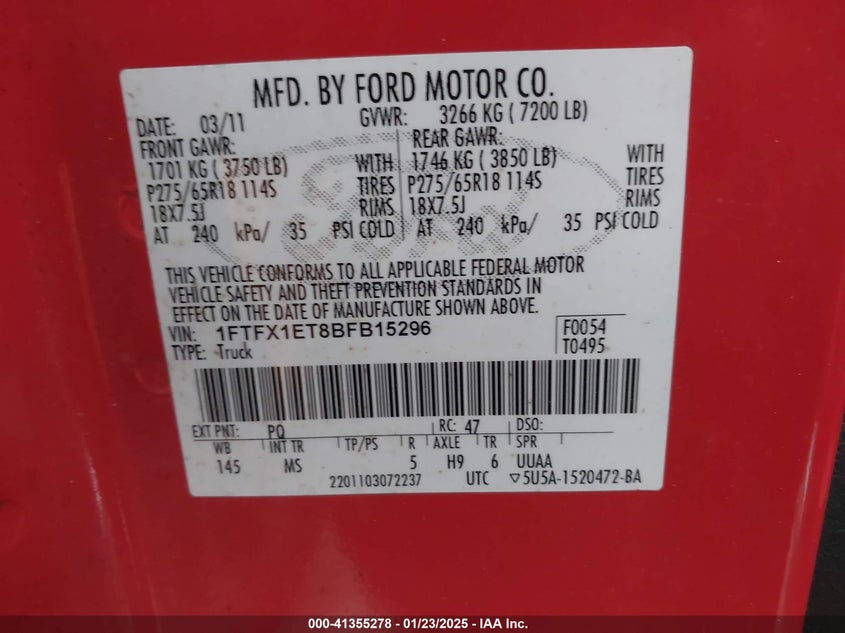 2011 FORD F-150 VIN: 1FTFX1ET8BFB15296