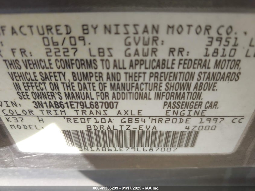 2009 NISSAN SENTRA VIN: 3N1AB61E79L687007
