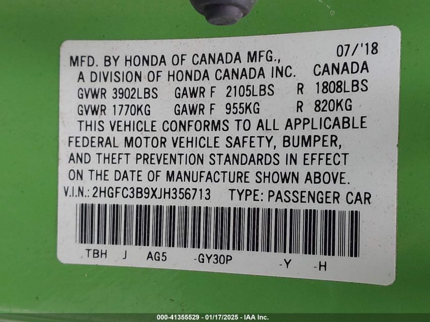 2018 Honda Civic Touring VIN: 2HGFC3B9XJH356713 Lot: 41355529