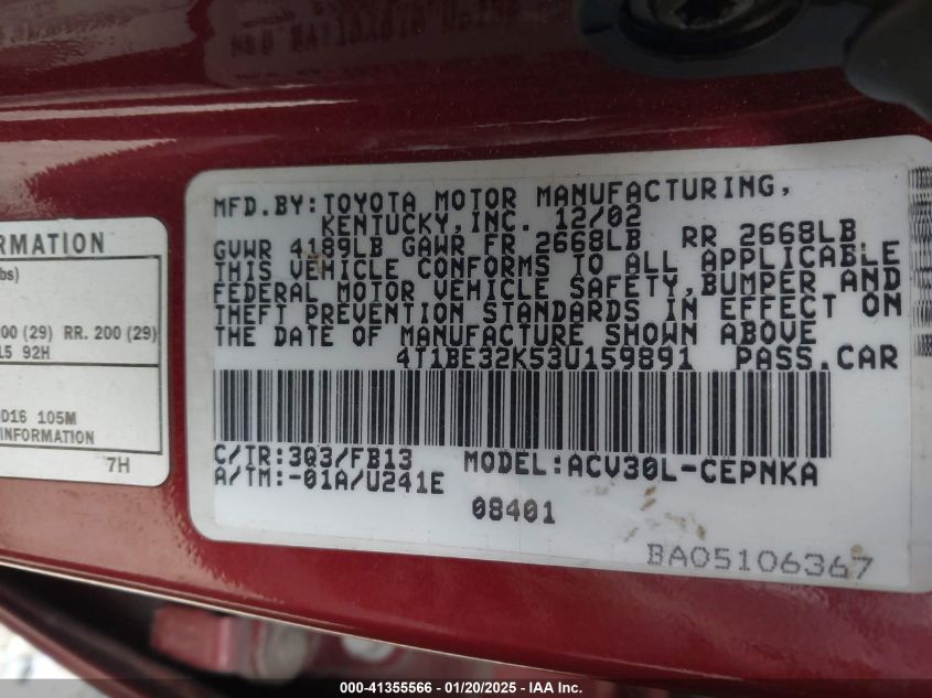 2003 Toyota Camry Le VIN: 4T1BE32K53U159891 Lot: 41355566