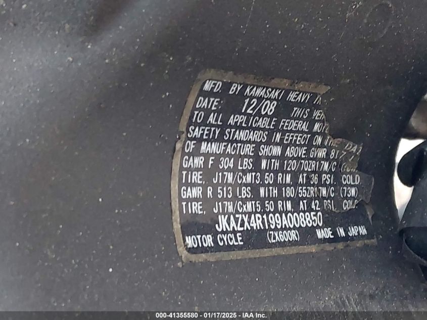 2009 Kawasaki Zx600 R VIN: JKAZX4R199A008850 Lot: 41355580