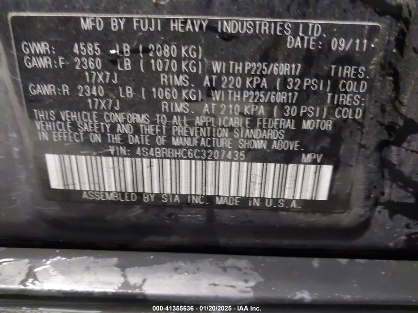 2012 Subaru Outback 2.5I Premium VIN: 4S4BRBHC6C3207435 Lot: 41355636