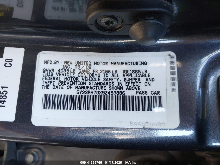 2009 Pontiac Vibe VIN: 5Y2SP670X9Z453886 Lot: 41355765