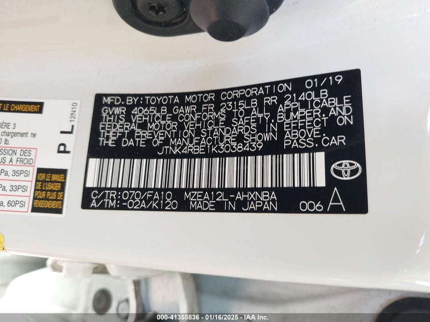 2019 TOYOTA COROLLA VIN: JTNK4RBE1K3038439