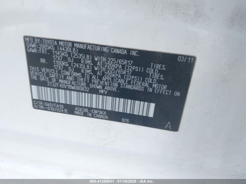 2011 Toyota Rav4 VIN: 2T3ZF4DV1BW080830 Lot: 41355931