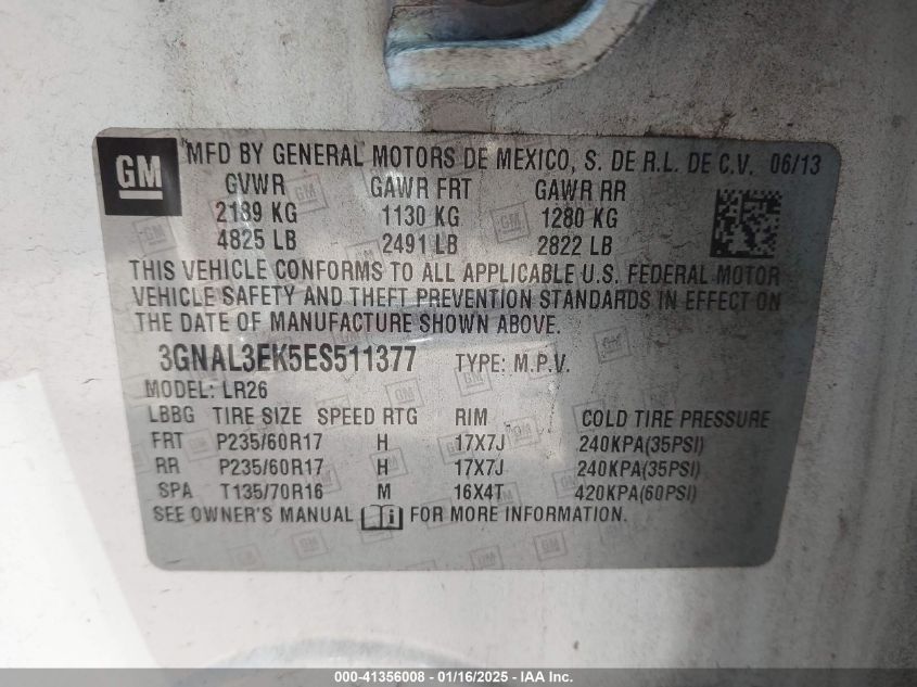 2014 Chevrolet Captiva Sport Lt VIN: 3GNAL3EK5ES511377 Lot: 41356008