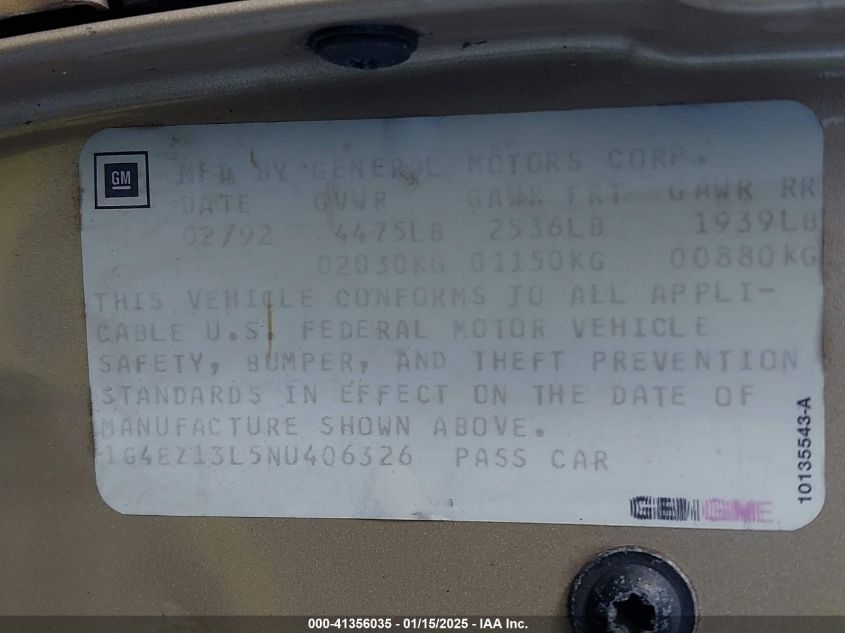 1992 Buick Riviera VIN: 1G4EZ13L5NU406326 Lot: 41356035