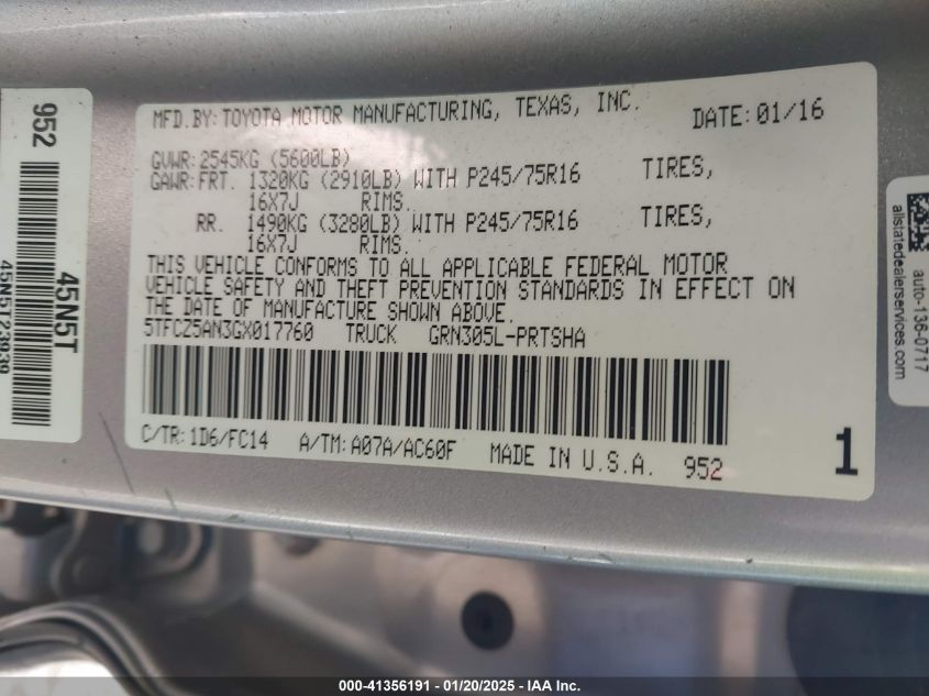 2016 Toyota Tacoma Sr5 V6 VIN: 5TFCZ5AN3GX017760 Lot: 41356191