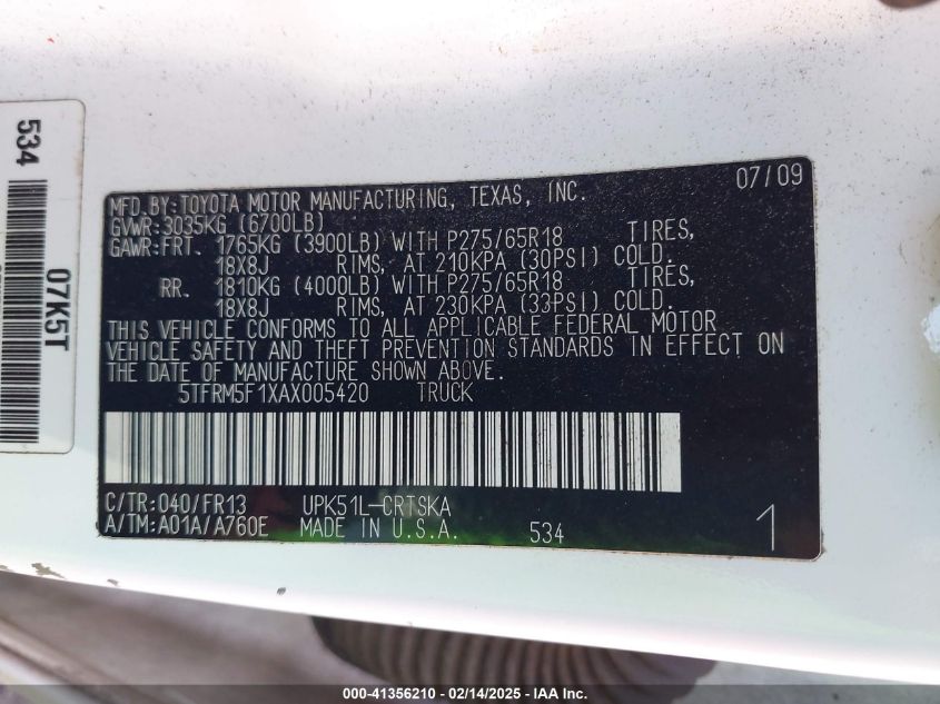 2010 Toyota Tundra Grade 4.6L V8 VIN: 5TFRM5F1XAX005420 Lot: 41356210