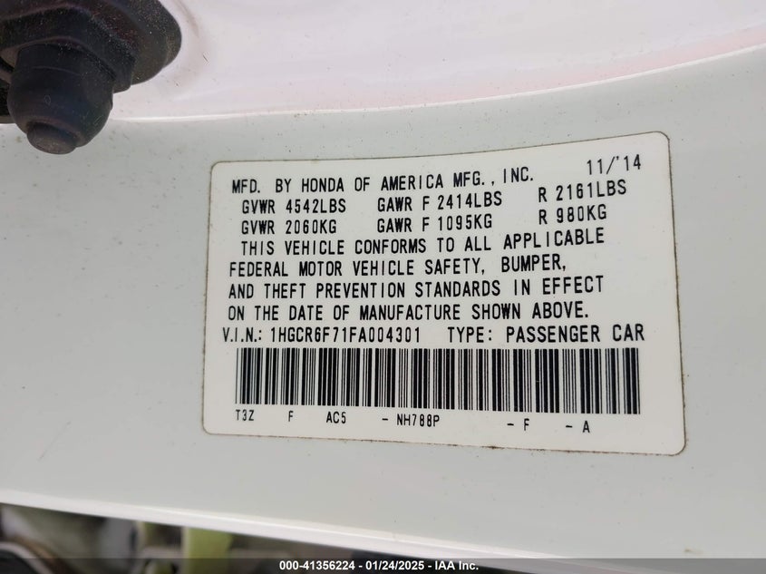 2015 HONDA ACCORD HYBRID VIN: 1HGCR6F71FA004301