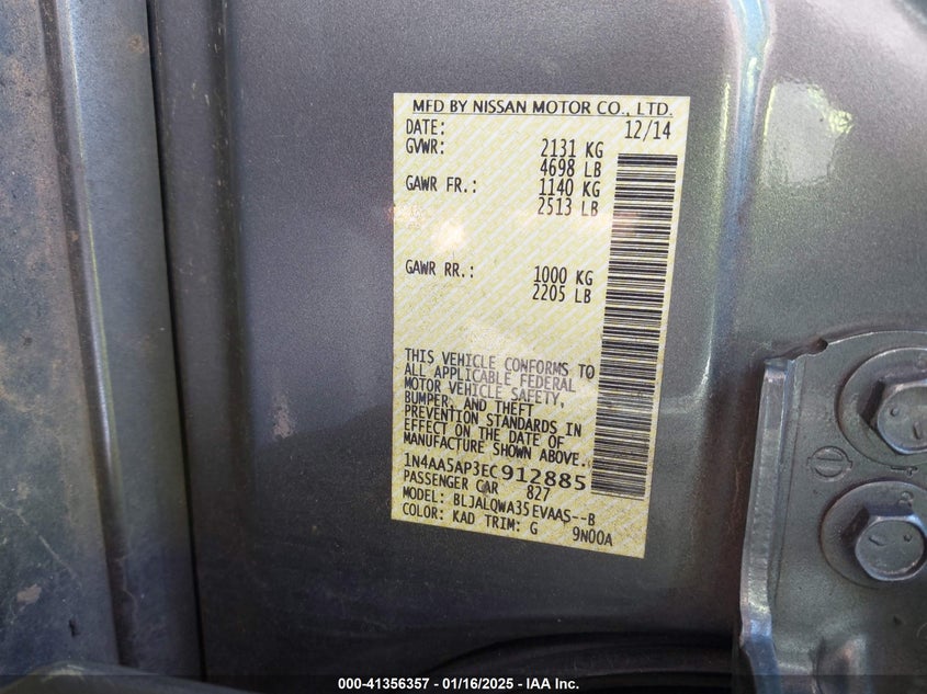 2014 NISSAN MAXIMA VIN: 1N4AA5AP3EC912885