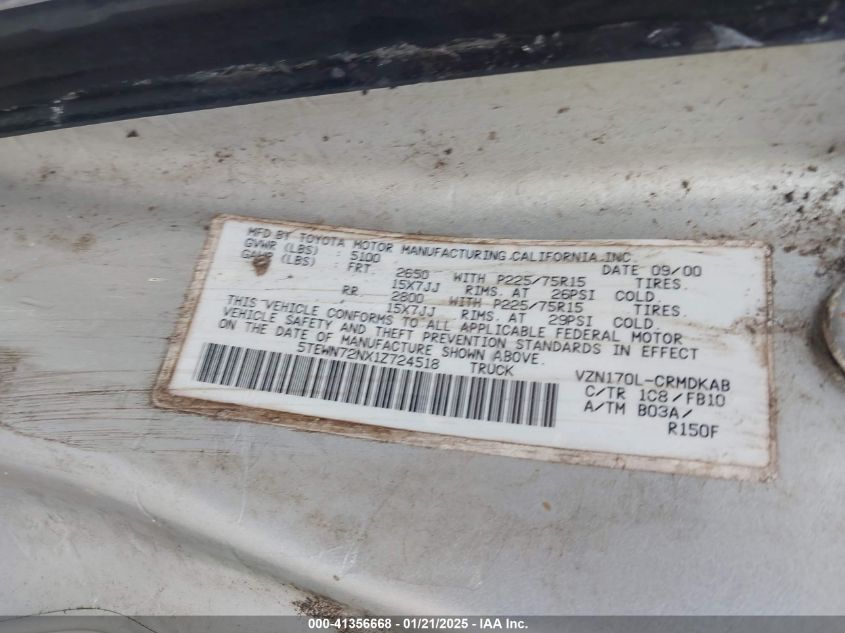 2001 Toyota Tacoma Base V6 VIN: 5TEWN72NX1Z724518 Lot: 41356668