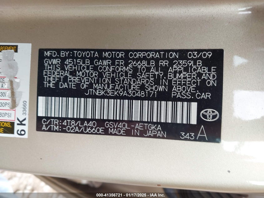 2010 TOYOTA CAMRY VIN: JTNBK3EK9A3048171