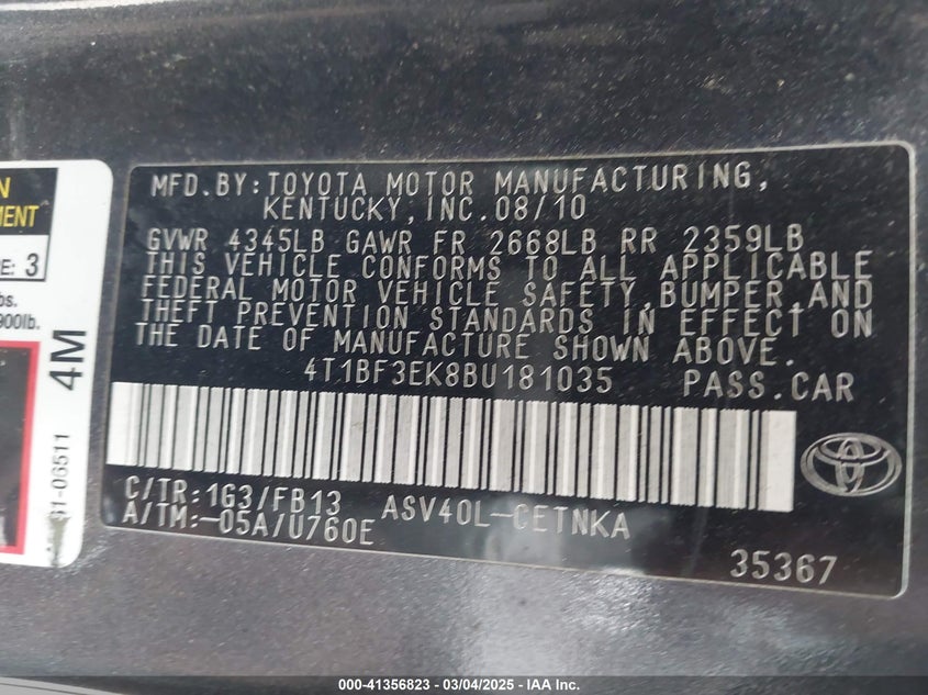 2011 TOYOTA CAMRY VIN: 4T1BF3EK8BU181035