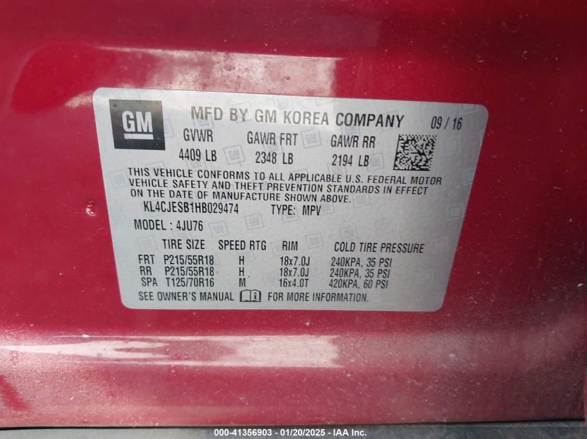 2017 Buick Encore Preferred VIN: KL4CJESB1HB0294 Lot: 41356903