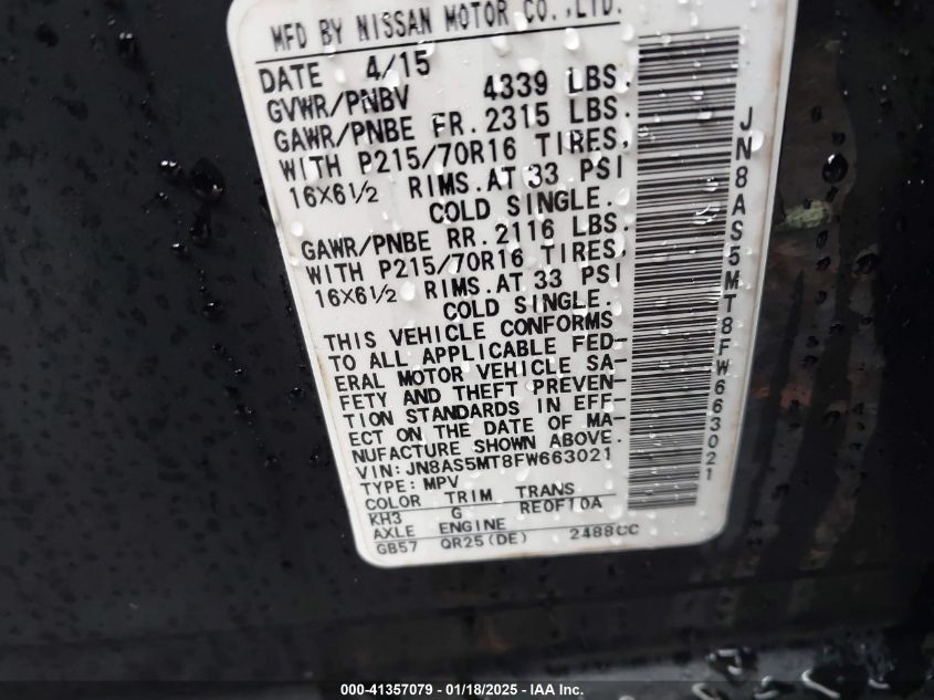 2015 Nissan Rogue Select S VIN: JN8AS5MT8FW663021 Lot: 41357079