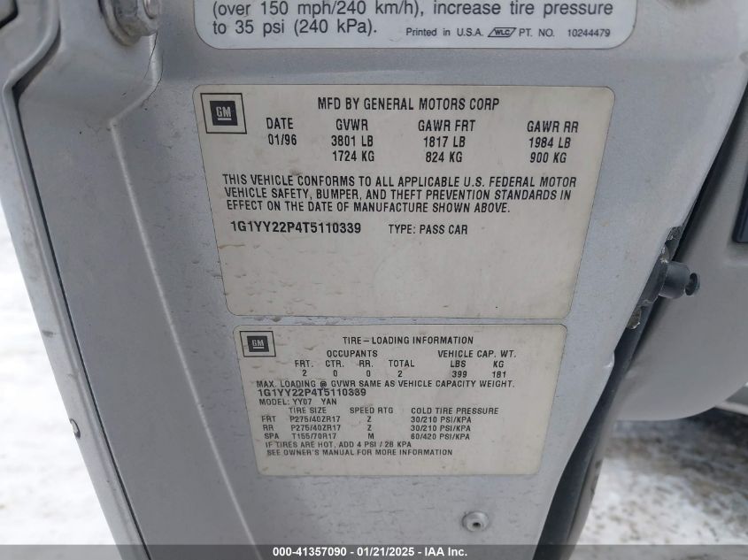 1996 Chevrolet Corvette VIN: 1G1YY22P4T5110339 Lot: 41357090