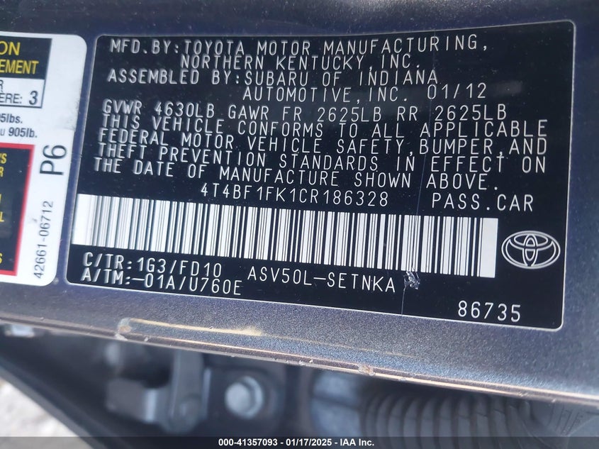 2012 TOYOTA CAMRY VIN: 4T4BF1FK1CR186328