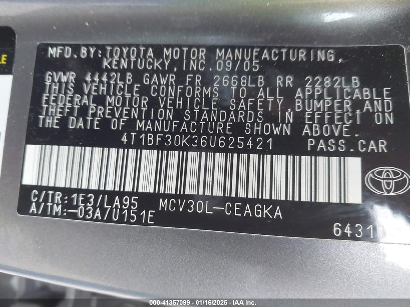 2006 TOYOTA CAMRY VIN: 4T1BF30K36U625421