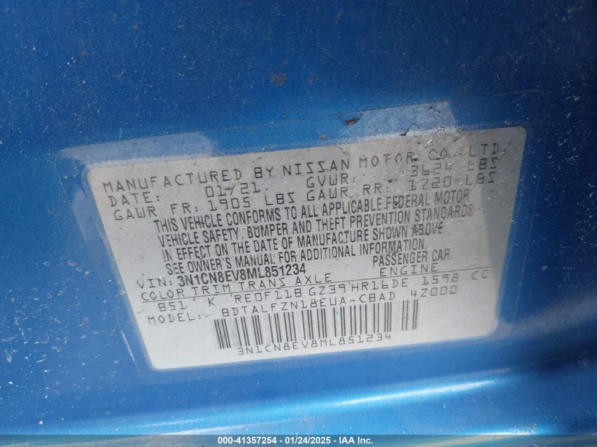 2021 NISSAN VERSA VIN: 3N1CN8EV8ML851234
