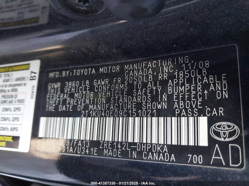 2009 TOYOTA MATRIX VIN: 2T1KU40E09C151021