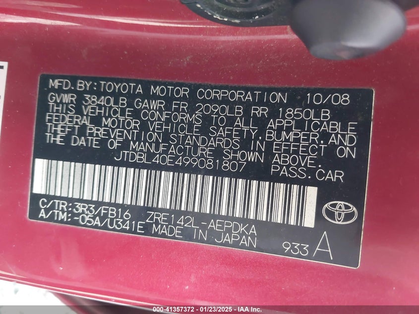 2009 TOYOTA COROLLA VIN: JTDBL40E499081807