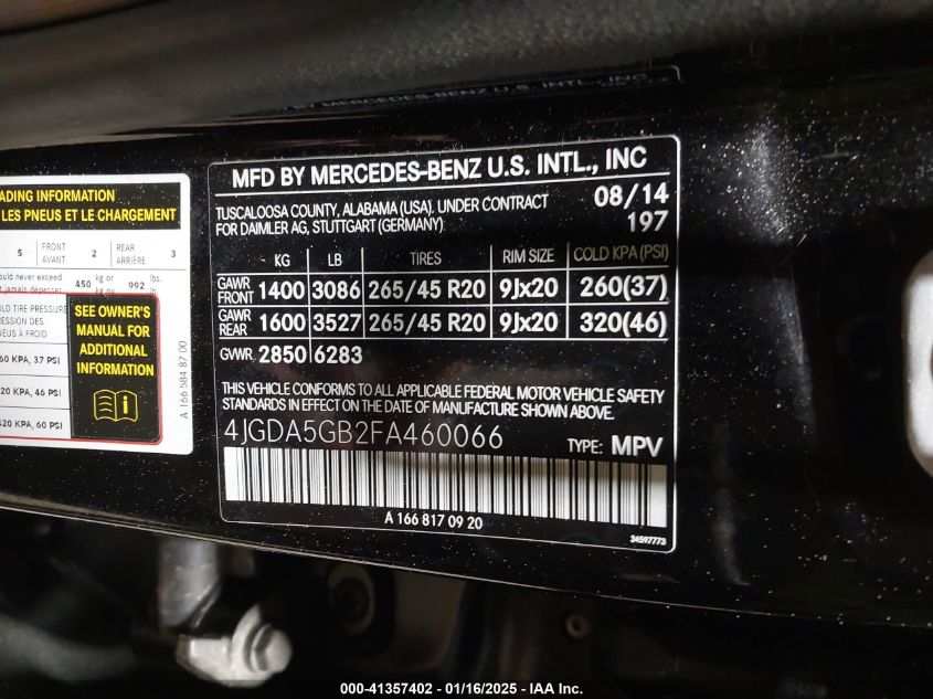 VIN 4JGDA5GB2FA460066 2015 MERCEDES-BENZ ML 400 no.9