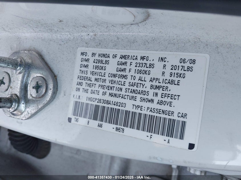 2008 HONDA ACCORD VIN: 1HGCP26308A146203