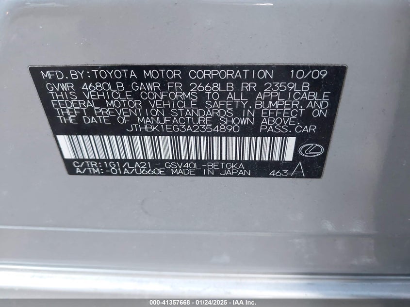 2010 LEXUS ES 350 VIN: JTHBK1EG3A2354890