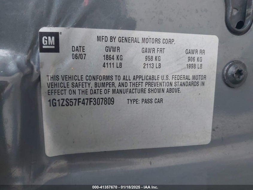2007 CHEVROLET MALIBU VIN: 1G1ZS57F47F307809