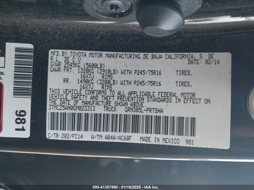 2016 TOYOTA TACOMA VIN: 3TMCZ5AN0GM023313