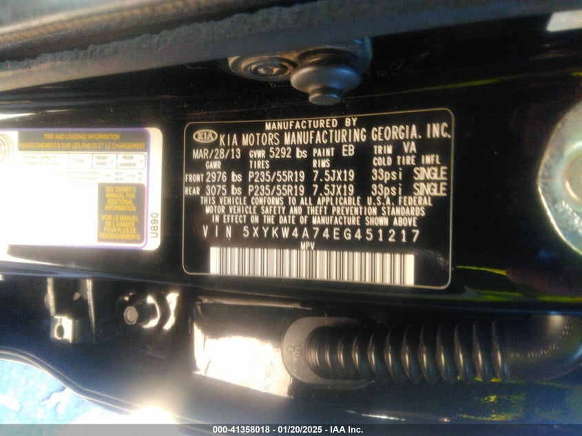2014 KIA SORENTO VIN: 5XYKW4A74EG451217
