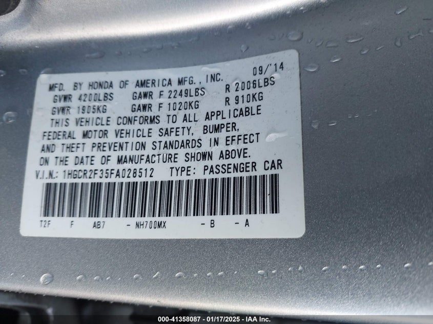 2015 HONDA ACCORD VIN: 1HGCR2F35FA028512