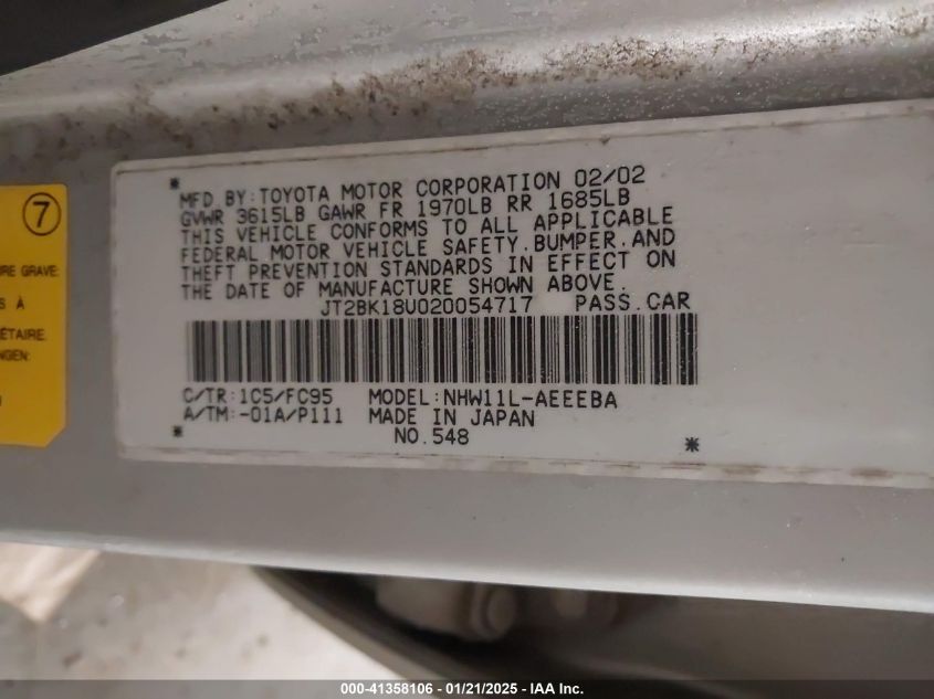 2002 Toyota Prius VIN: JT2BK18U020054717 Lot: 41358106