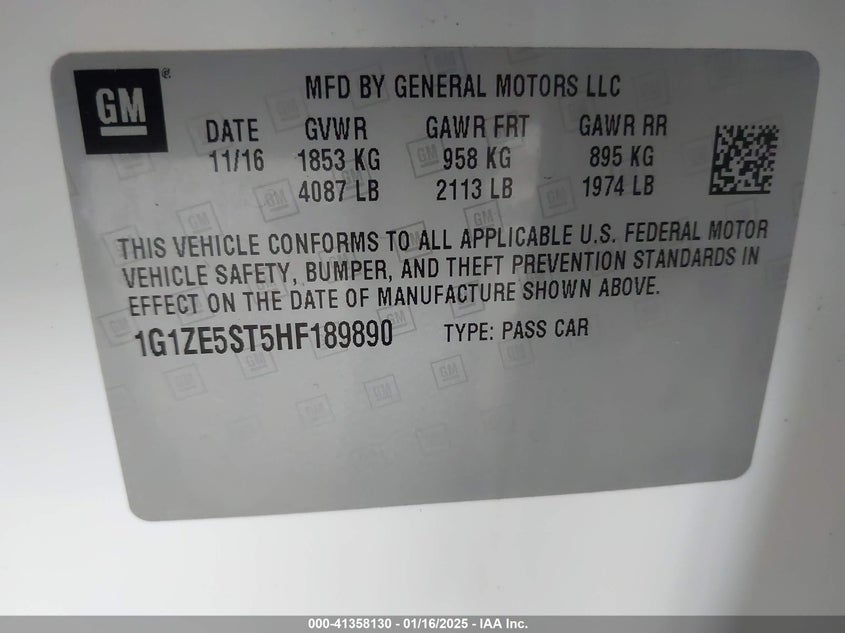 2017 CHEVROLET MALIBU VIN: 1G1ZE5ST5HF189890