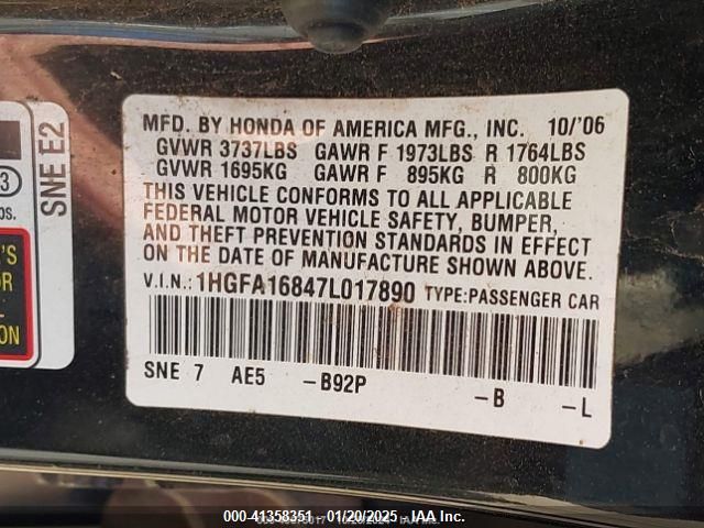 2007 Honda Civic Ex VIN: 1HGFA16847L017890 Lot: 41358351