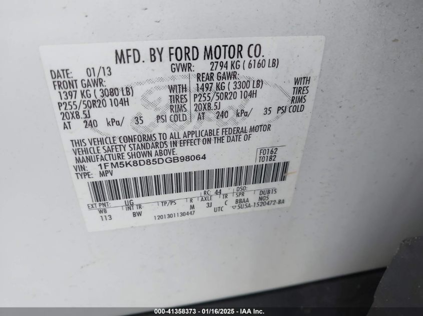 VIN 1FM5K8D85DGB98064 2013 Ford Explorer, Xlt no.9