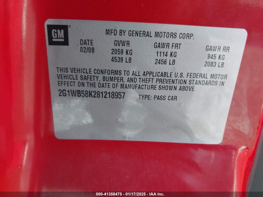 2008 Chevrolet Impala Ls VIN: 2G1WB58K281218957 Lot: 41358475