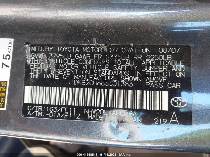 2008 TOYOTA PRIUS VIN: JTDKB20U683301383