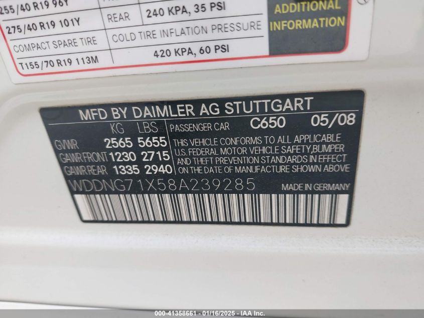 2008 Mercedes-Benz S 550 VIN: WDDNG71X58A239285 Lot: 41358661
