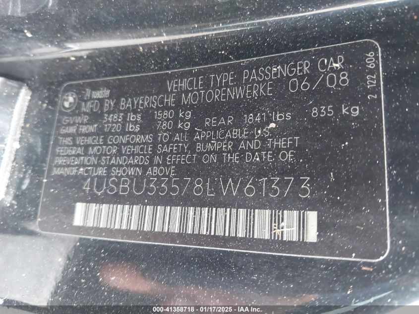 2008 BMW Z4 3.0I VIN: 4USBU33578LW61373 Lot: 41358718