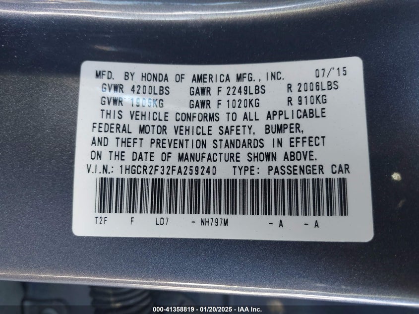 2015 HONDA ACCORD VIN: 1HGCR2F32FA259240